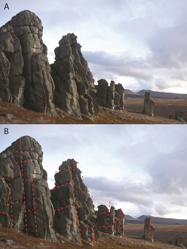 Granite tors around Serpentine Hot Springs. Below is the same photograph, with red dotted lines drawn to highlight joints in the granite, which are controlling the morphology of the tors.