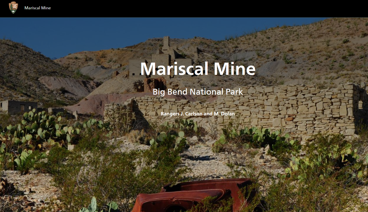 At the top of the image there is a black banner that says "Mariscal Mine" with the National Park Service arrowhead beside it. Below is the title, "Mariscal Mine Big Bend National Park" with an image of the mine in the background.