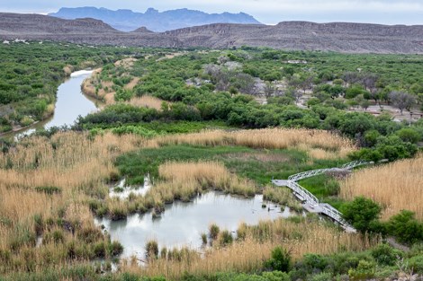 View of ponds, river, and mountains from Rio Grande Village Nature Trail.