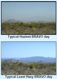 two photos comparing haziness levels in the air at Big Bend National Park