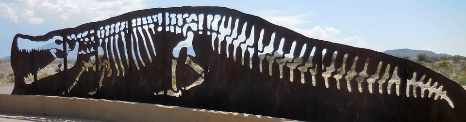 Life-size Deinosuchus cutout at the Fossil Bone Exhibit