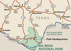 Area map showing highway routes to and from Big Bend National Park.