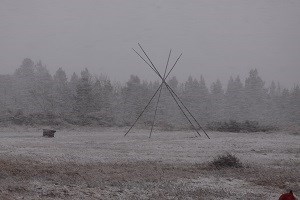 Tepee poles with trees in the distance during snow storm.