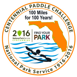 Centennial Paddle Challenge patch featuring a stylized kayaker on blue water with the outline of the state of Florida, and logos for the National Parks Centennial.