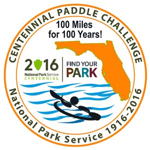 Round patch featuring a stylized kayaker on blue water with an outline of the State of Florida and the National Park Service's Centennial Logos