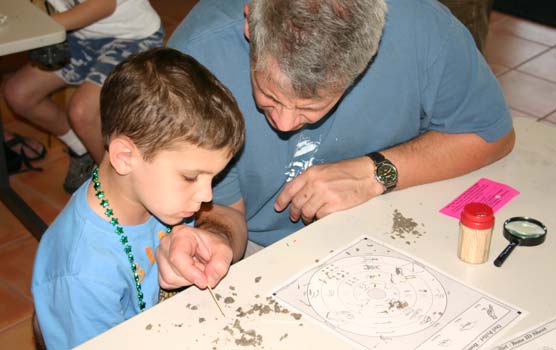 A boy and his father carefully examine the contents of an owl pellet.