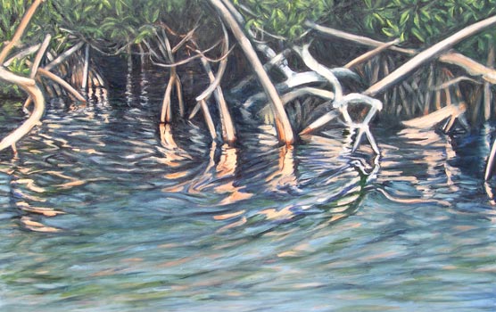 Betsy Kreisberg's painting of mangroves reflected in water.