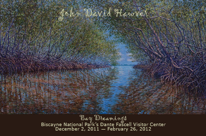 John David Hawver's painting of a mangrove tunnel looking out to the open water.