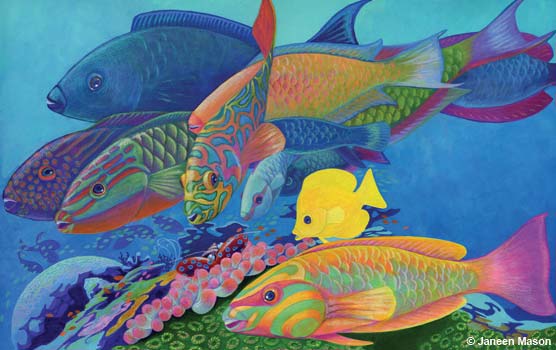 Drawing of colorful reef fish from Janenn Mason's book "Ocean Commotion: Life on the Reef."