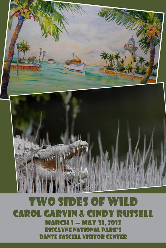 A watercolor painting of boats entering the harbor at Boca Chita Key and a photograph of a crocodile with its mouth open.
