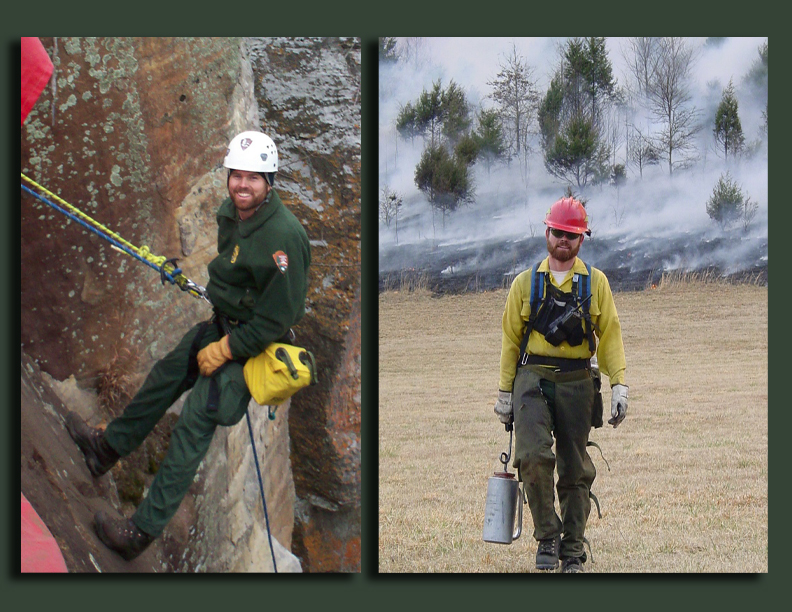 Ranger Noel Mays rappelling and fire fighting