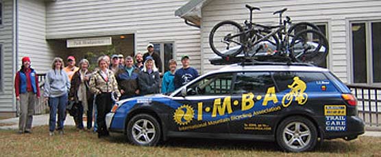 IMBA trail care crew poses infront of Big South Fork Headquarters.