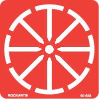 Wagon trail symbol is a white wagon wheel against a red background.
