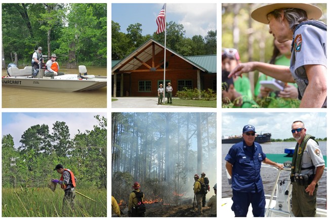 collage of 6 photos: 2 rangers on a boat, 2 rangers standing in front of the visitor center, a ranger talking with a group, a scientist with a dip net in the grass, firefighters on scene of a fire, and 1 ranger with sailor on a boat