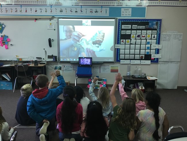 Students in a classroom watch a projected image of a ranger leading a program