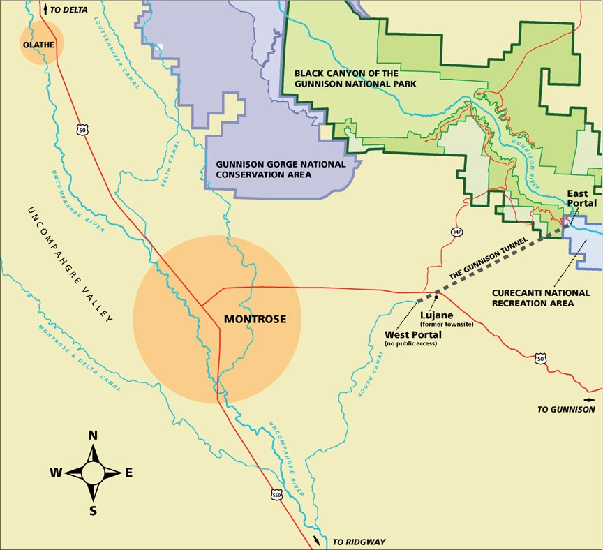 Gunnison Tunnel and Uncompahgre Valley A map of the Uncompahgre Valley with a beige background. Roads are red lines, park boundary shaded green, and Montrose shaded in orange. Gunnison Tunnel is a dotted line and townsites are labeled with black text. Streams and canals are blue lines.