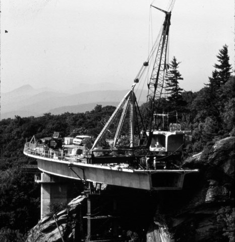 Black and white historic photo of Linn Cove Viaduct construction