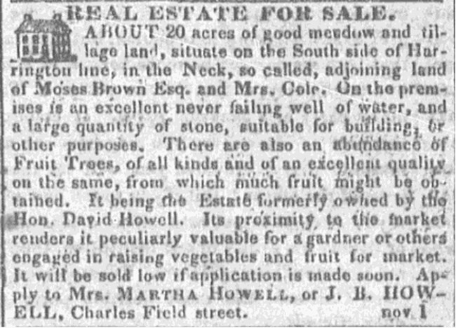 A clipping of an old newspaper describing a piece of land for sale.