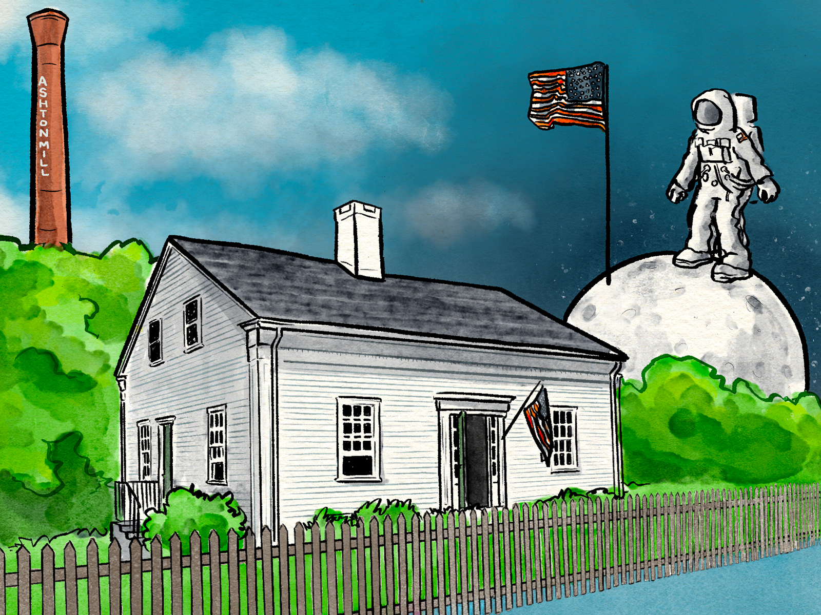 Drawing of white framed house with moon and astronaut and brick mill in the background