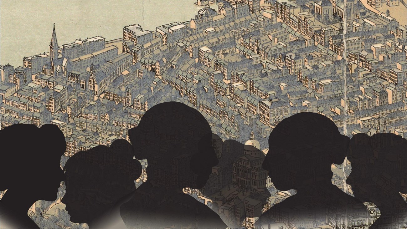 Silhouettes of women against a 19th century bird's eye view of a city