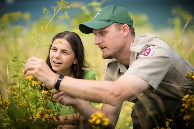 A DCR ranger shows a young visitor a yellow flower