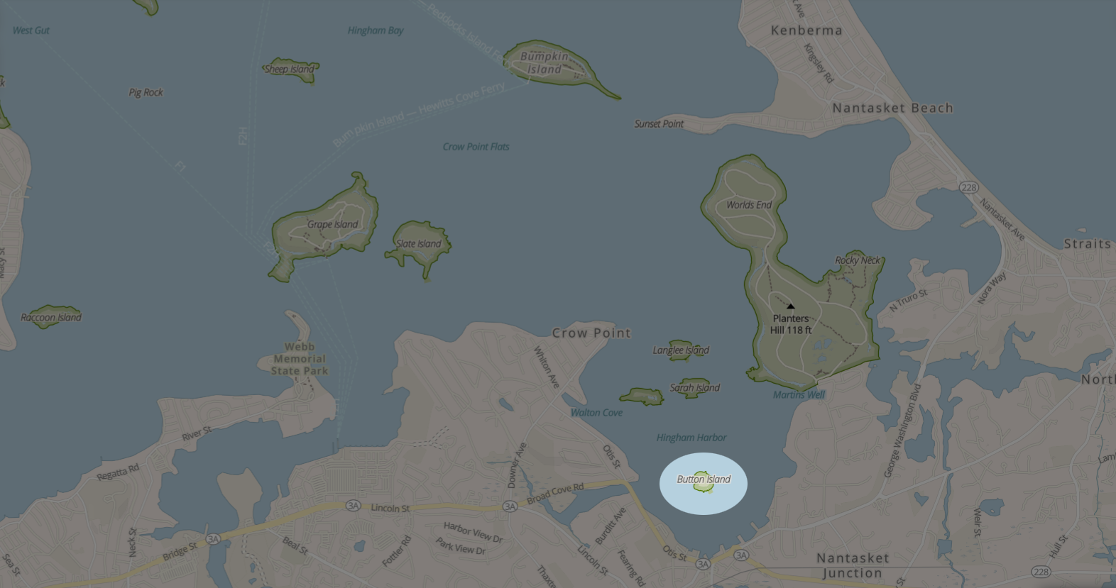 map of Hingham Bay with Button Island highlighted