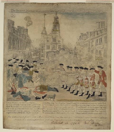 Watercolored print depicting an officer ordering seven soldiers to open fire at a crowd of colonists. A dog is in the center and some victims are bleeding on the ground.