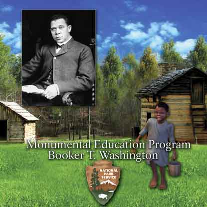 Graphic.  Image of adult Washington in sky and child Washington carrying a bucket of water and a drinking gourd from the kitchen cabin.