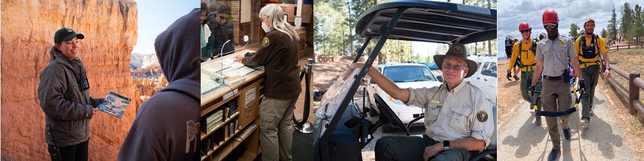 Four images from left to right: a woman in a volunteer uniform talking with visitors on a trail, a woman talking to visitors behind a desk, a man in a golf cart, three people guiding a litter along a trail