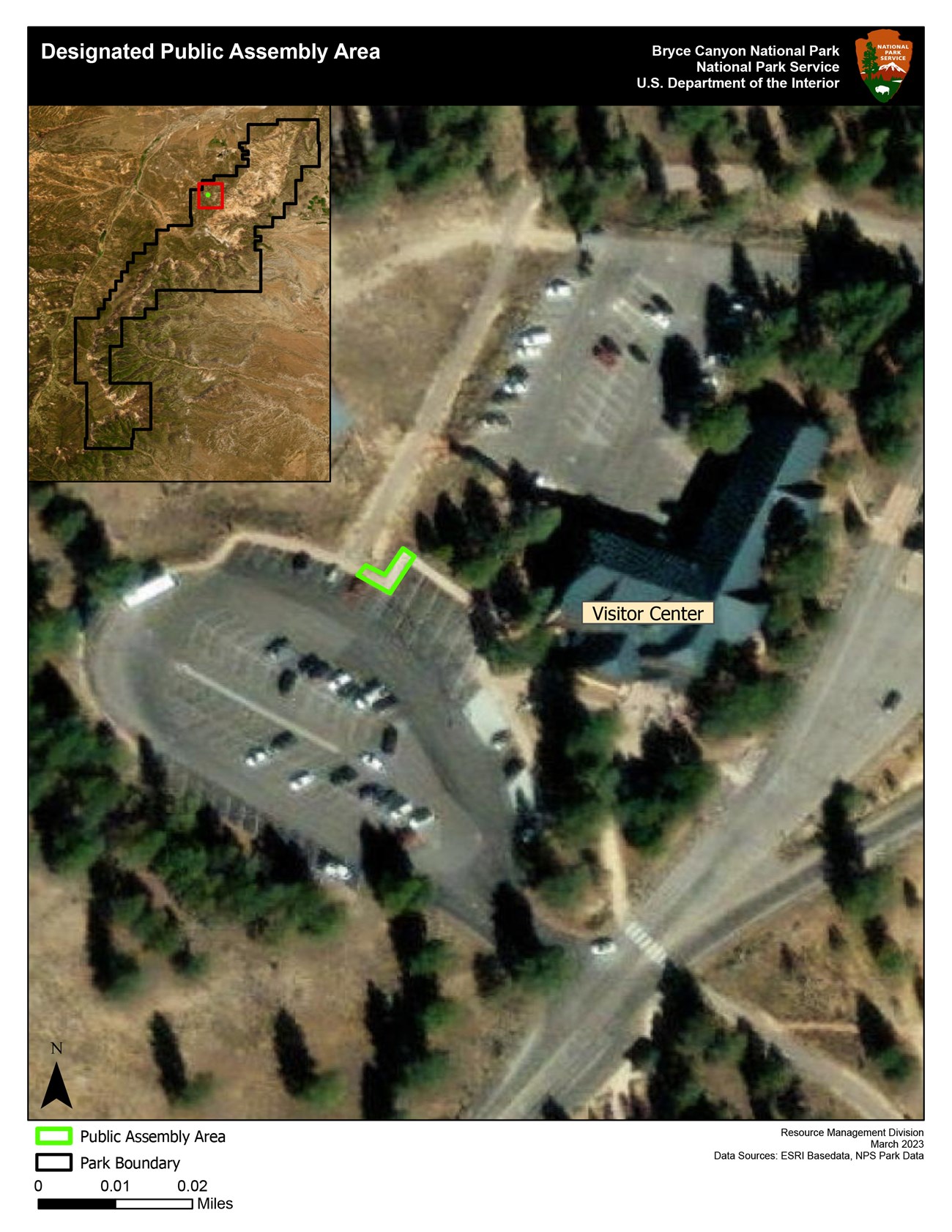 Aerial view of the visitor center area with the public assembly area outlined in green. An inset map on the upper left shows this area in relation to the entire park.