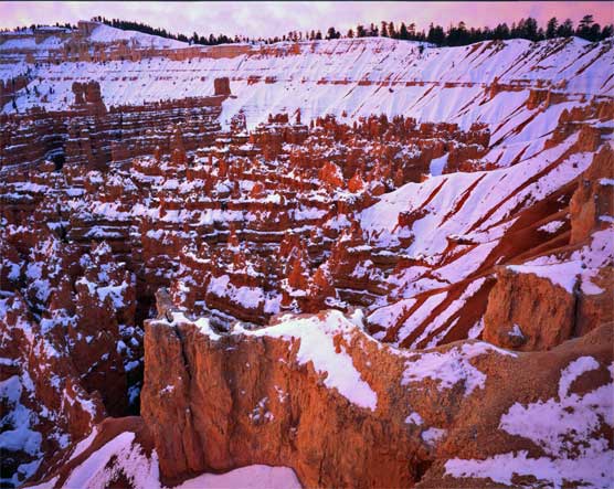 View from Sunset Point, snow blankets the hoodoos