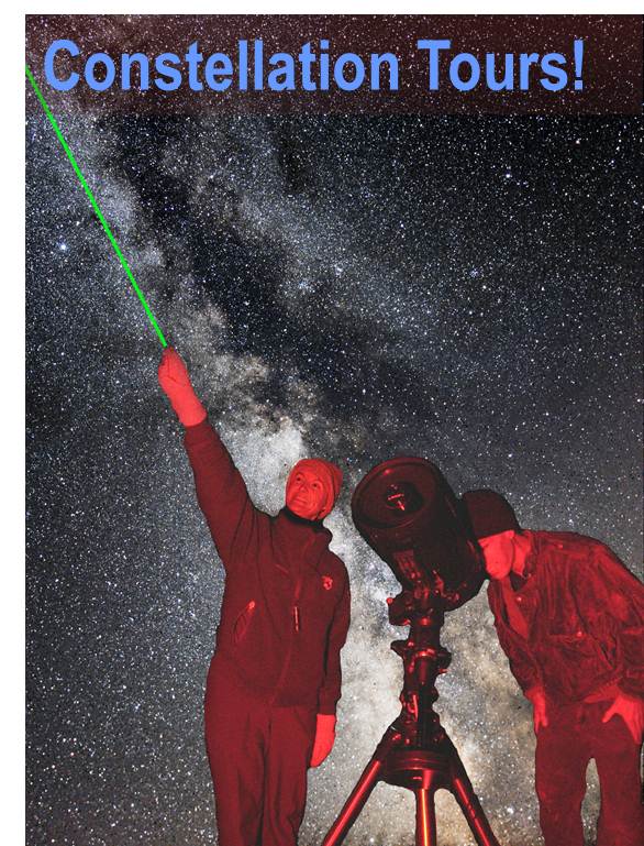 Dark Ranger points a green laser into sky filled with Milky Way as visitor looks through telescope