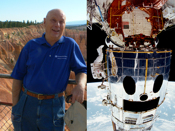 Astronaut Story Musgrave at Sunset Point and working on Hubble Space Telescope