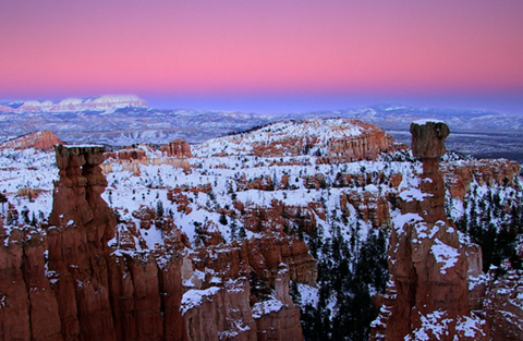 Earth's purple and pink shadow being projected on to Earth's own atmosphere over Bryce Canyon.