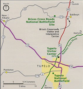 Road map showing Brices Cross Roads National Battlefield Site and Tupelo, Mississippi.