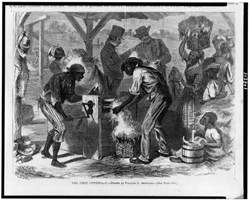 African American slaves using cotton gin. Print from wood engraving.