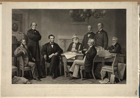 The first reading of the Emancipation Proclamation before the cabinet. Painted by F.B. Carpenter; engraved by A.H. Ritchie.