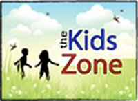The KidsZone logo with two children in a field of long grass with blue sky, clouds and birds.
