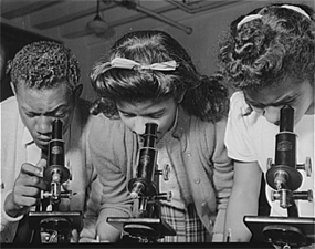 Three African American students using microscopes.