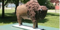 A bison monument from the former Kansas Vocational School located in Cushinberry Park.