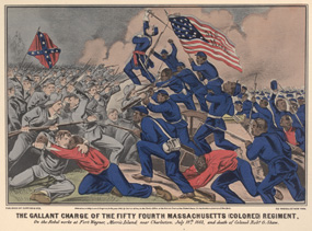 Currier and Ives drawing of the 54th Massachusetts Colored Regiment on the battlefield