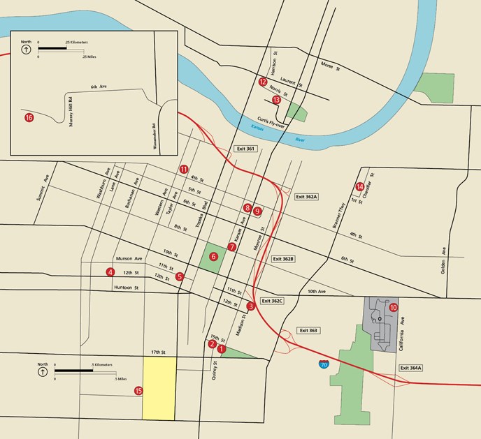 Image of map of Topeka showing the 16 locations on the driving tour.