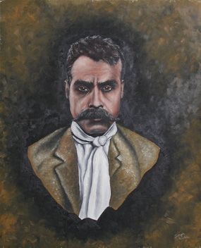 Painting of a Mexican American man with brown hair and full mustache in early 20th century clothing. Painting by Joey Rocha. 