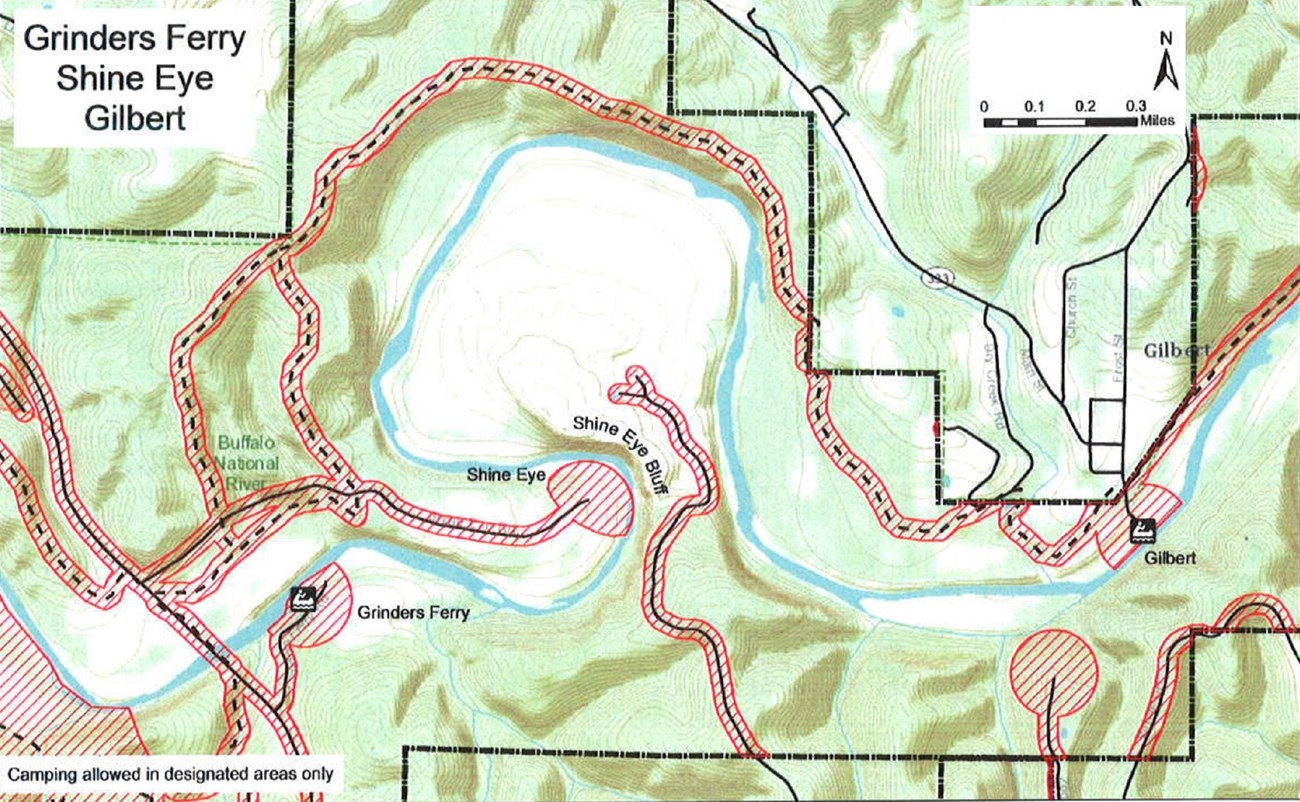 topographic map of Grinders Ferry, Shine Eye and Gilbert areas, safety zone no hunting shaded red, roads solid black lines, trails dashed black lines, mileage and compass direction at top right