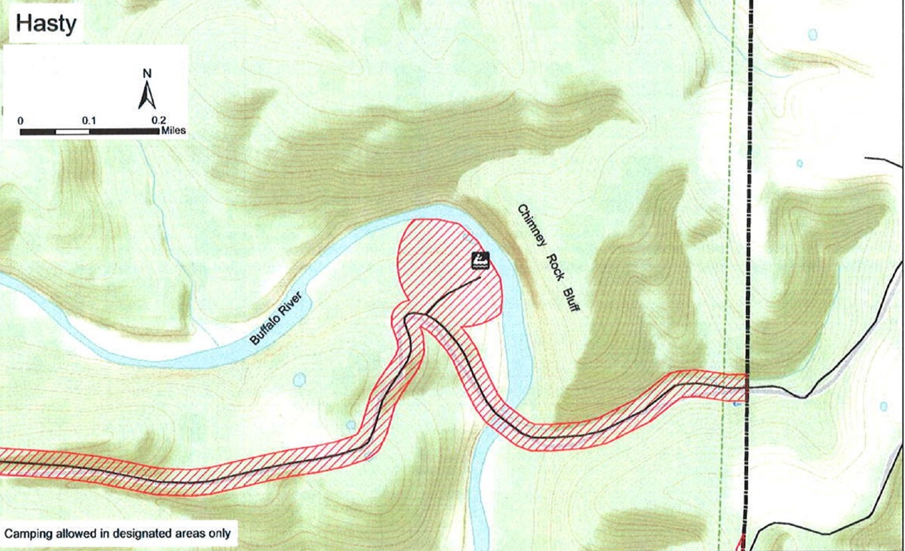 topographic map of Hasty access area, safety zone no hunting shaded red, road is black solid line, boat launch marked at center, mileage and compass direction at top left