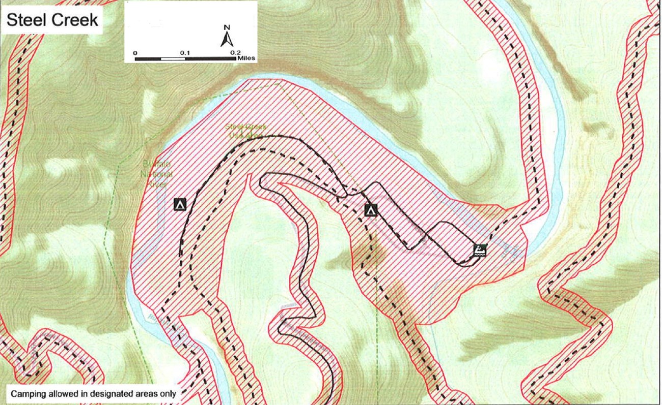 topographic map of theSteel Creek area with campgrounds indicated by tent symbols to the left and right of center, roads are solid black lines, trails are dashed black lines, river access marked with symbol of canoe, no hunting safety zone is shaded red