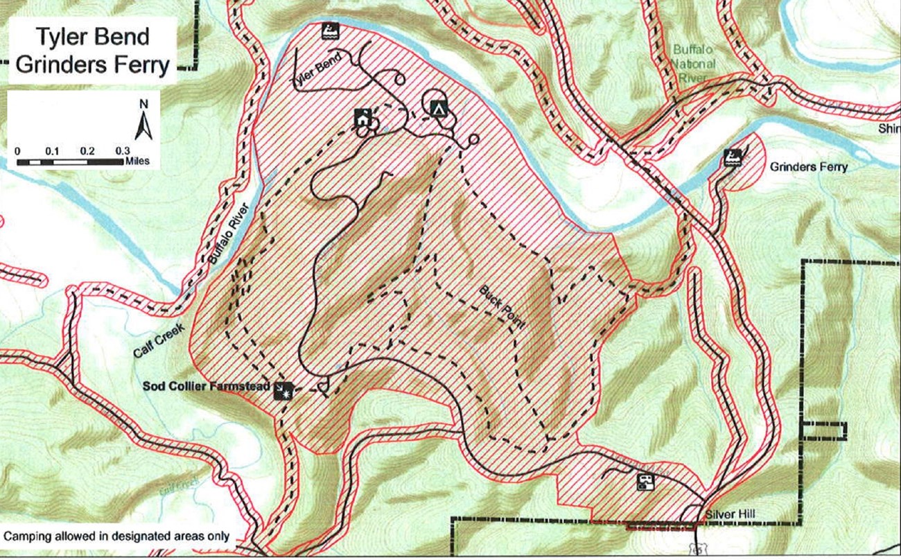 topgraphic map of Tyler Bend area, safety zone no hunting shaded red, roads solid black lines, trails dashed lines, boundary dash dot dash lines, mileage and compass direction at top left