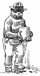 line drawing of Smokey the Bear pouring a bucket of water