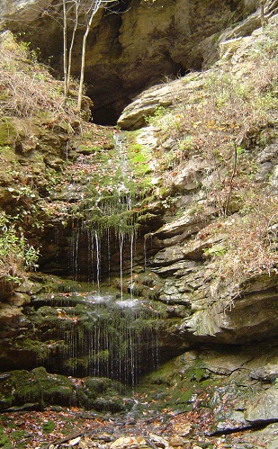 color photo of water flowing over mossy, rock cliff