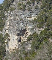 color photo of gray cliff face with two indentations on either side of a small ridge  which gives the impression of an elephant's head